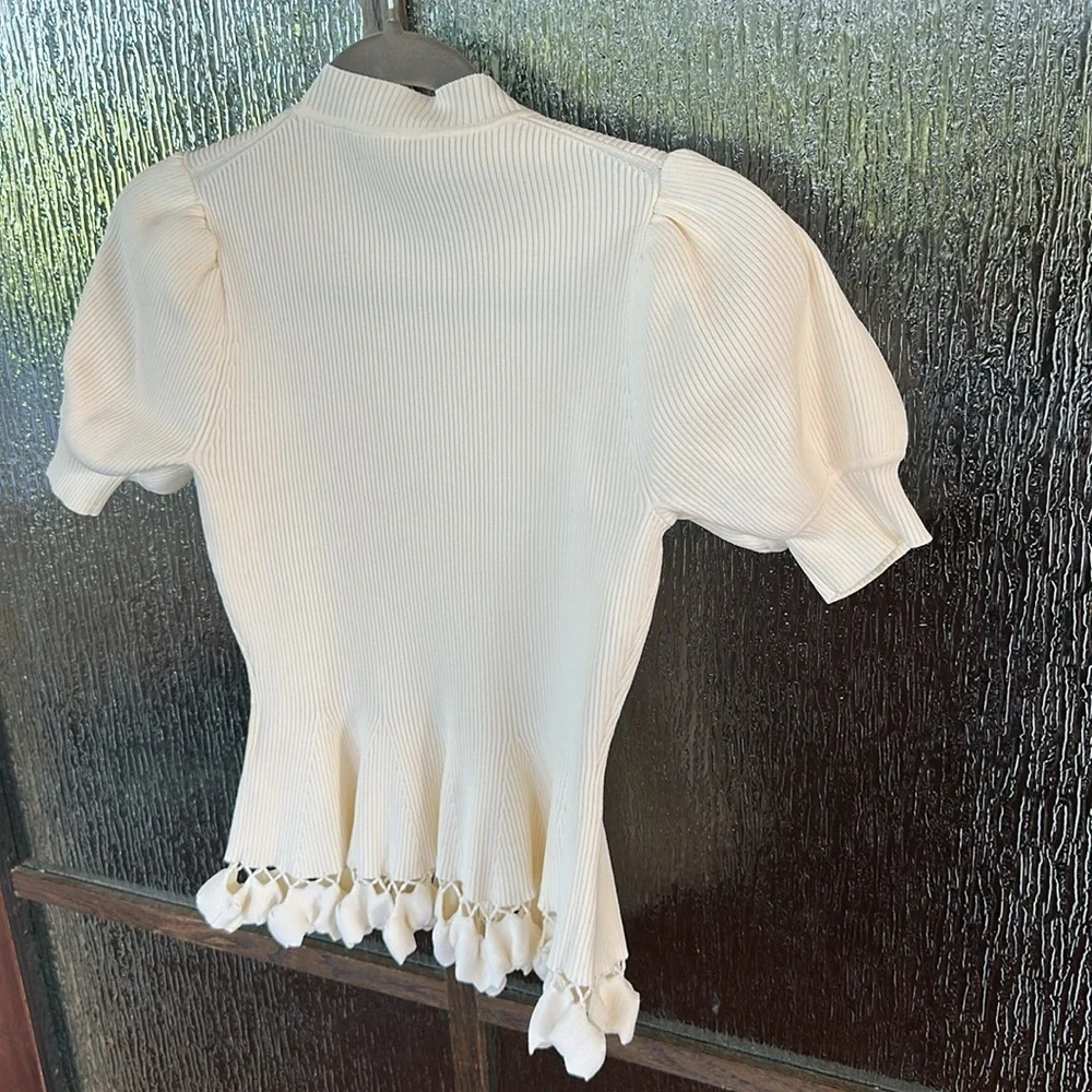 Ulla Johnson Ivory Knit Puff-Sleeve Peplum Top